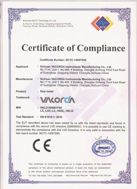 Chiny Sichuan Vacorda Instruments Manufacturing Co., Ltd Certyfikaty